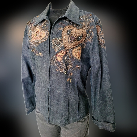Chico's Women's Dark Blue Denim Embroidered Beaded Jacket 99%Cotton 1/Small - Picture 5 of 16